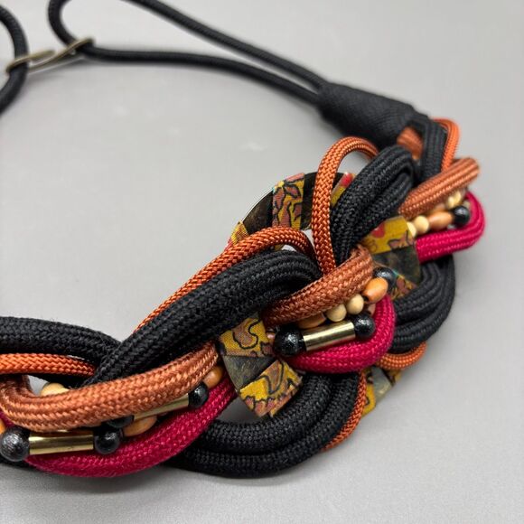 Vintage Boho Woven Cord Belt Rope Braid Wood Beads Brass Hook Batik Center 90s - Picture 7 of 7